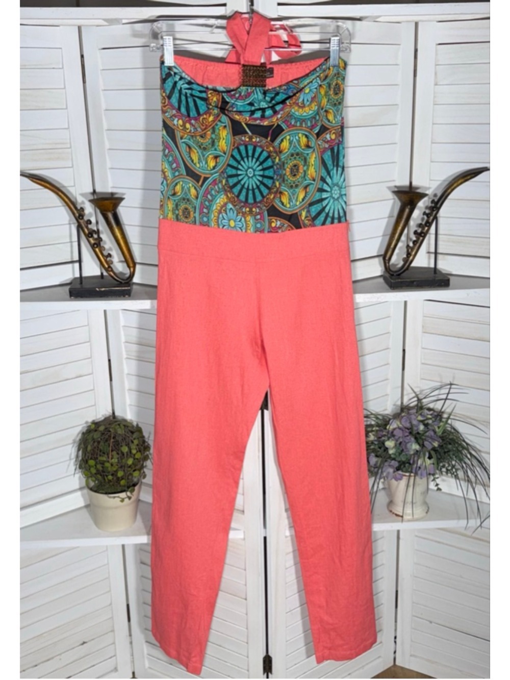 Vintage Y2K BCBG USA linen salmon overalls jumpsuit halter top paisley floral S